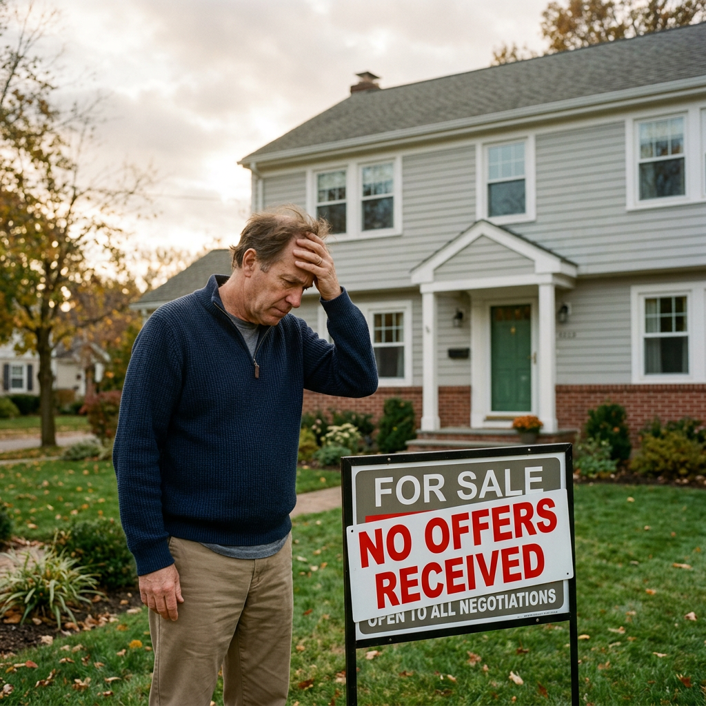 Man standing by a house for sale sign with no offers received notice