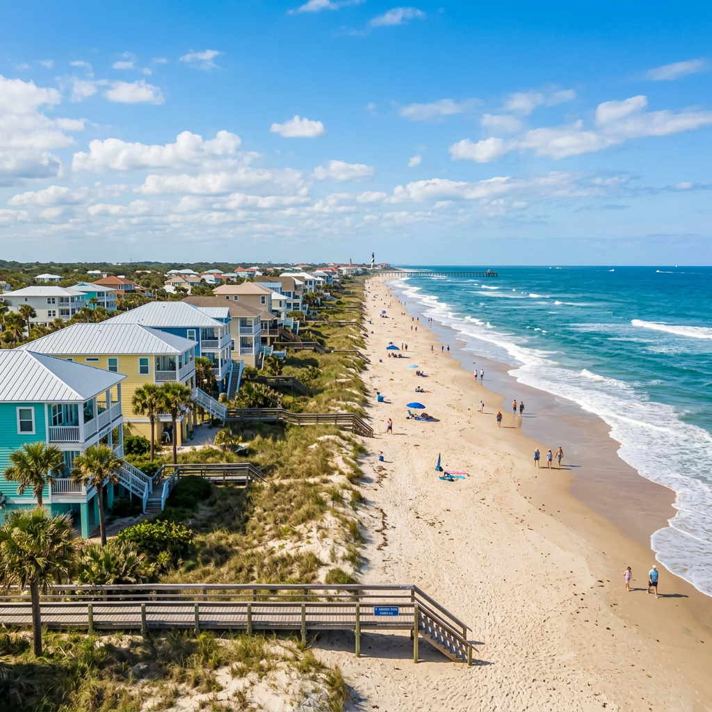 Row of colorful beach houses along a sandy shoreline with people walking and sunbathing
