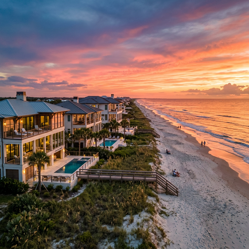 Row of beachfront houses with pools next to sandy beach at sunset
