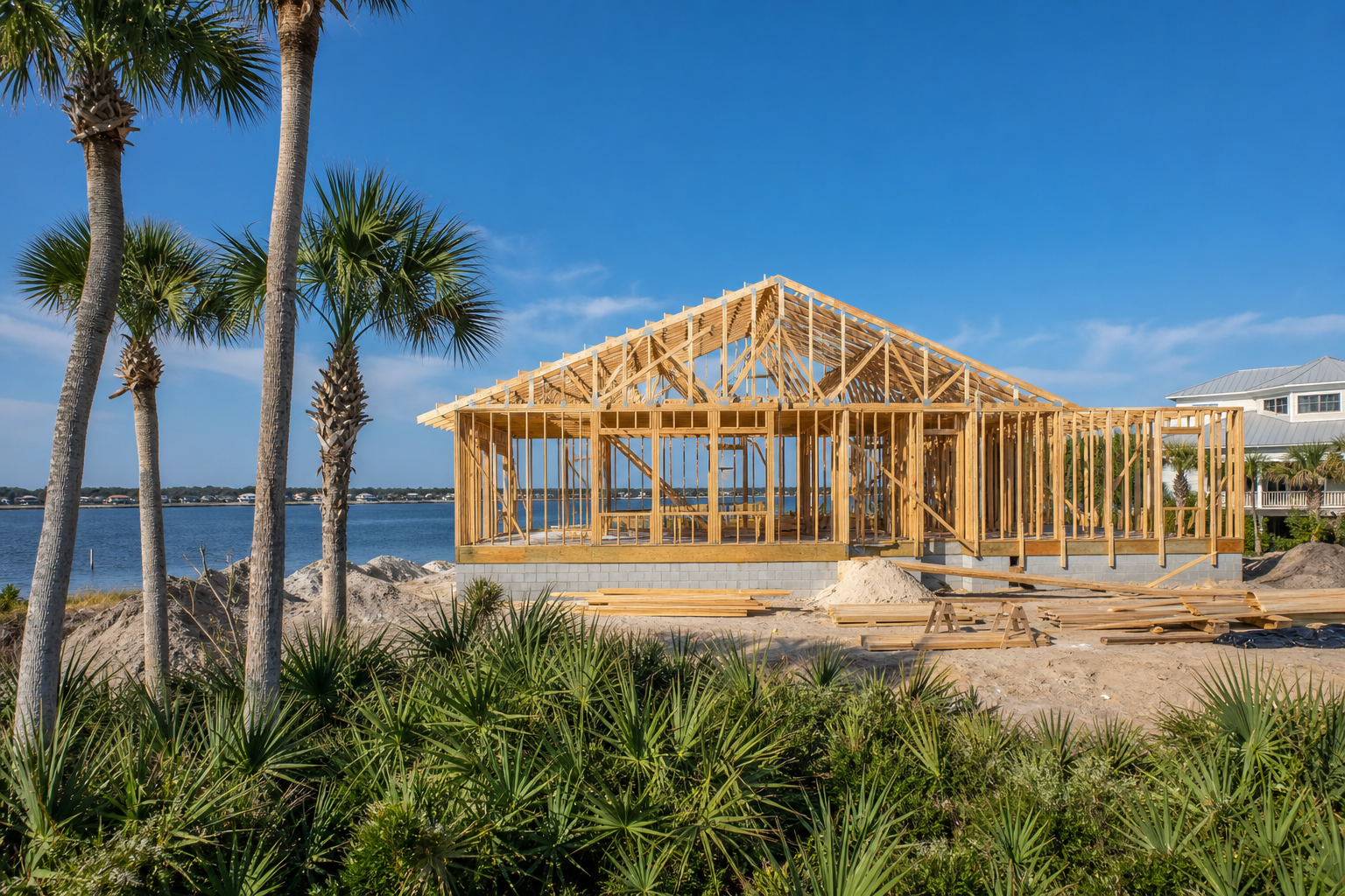 A house under construction, still framed in timber in St. Augustine, Florida — Aerospace Advantage St